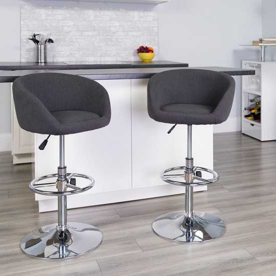 Contemporary Charcoal Fabric Adjustable Height Barstool with Barrel Back and Chrome Base