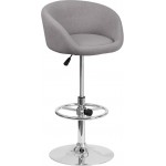 Contemporary Gray Fabric Adjustable Height Barstool with Barrel Back and Chrome Base