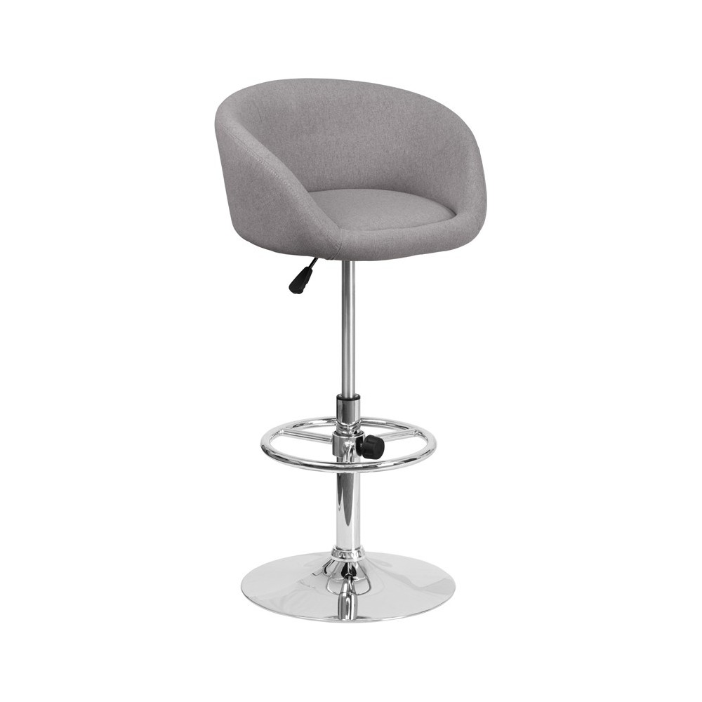 Contemporary Gray Fabric Adjustable Height Barstool with Barrel Back and Chrome Base