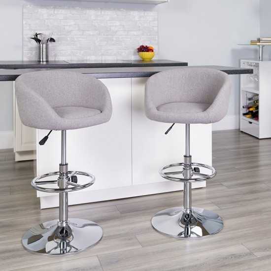 Contemporary Gray Fabric Adjustable Height Barstool with Barrel Back and Chrome Base