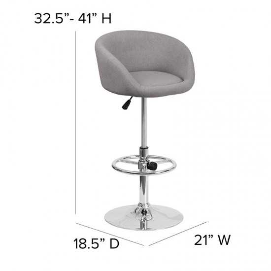 Contemporary Gray Fabric Adjustable Height Barstool with Barrel Back and Chrome Base