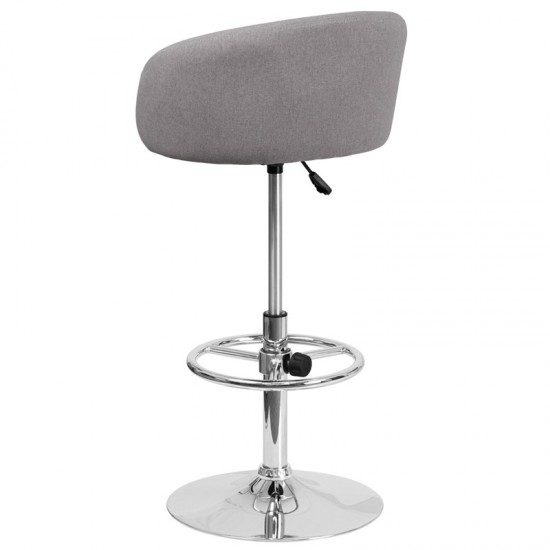 Contemporary Gray Fabric Adjustable Height Barstool with Barrel Back and Chrome Base