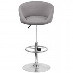 Contemporary Gray Fabric Adjustable Height Barstool with Barrel Back and Chrome Base