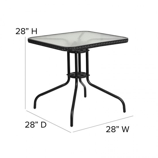 28'' Square Tempered Glass Metal Table with Black Rattan Edging