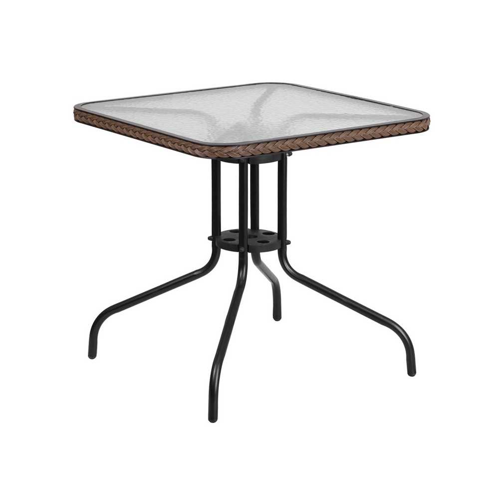 28'' Square Tempered Glass Metal Table with Dark Brown Rattan Edging 28'' Square Tempered Glass Metal Table with Dark Brown Rattan Edging
