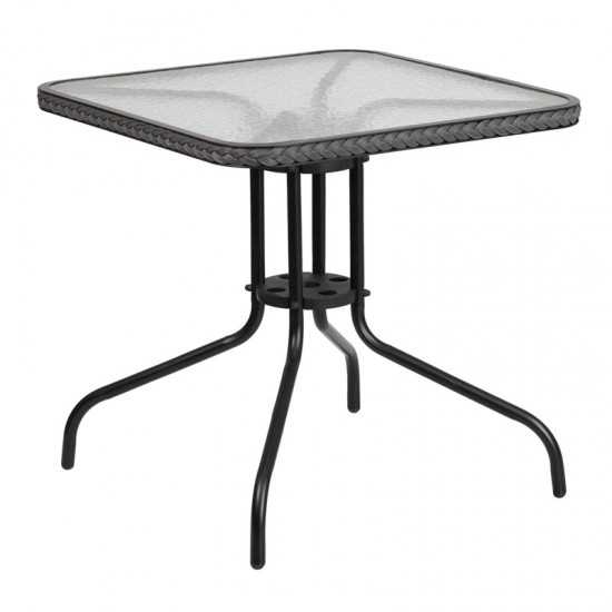 28'' Square Tempered Glass Metal Table with Gray Rattan Edging