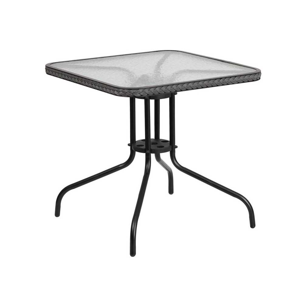 28'' Square Tempered Glass Metal Table with Gray Rattan Edging