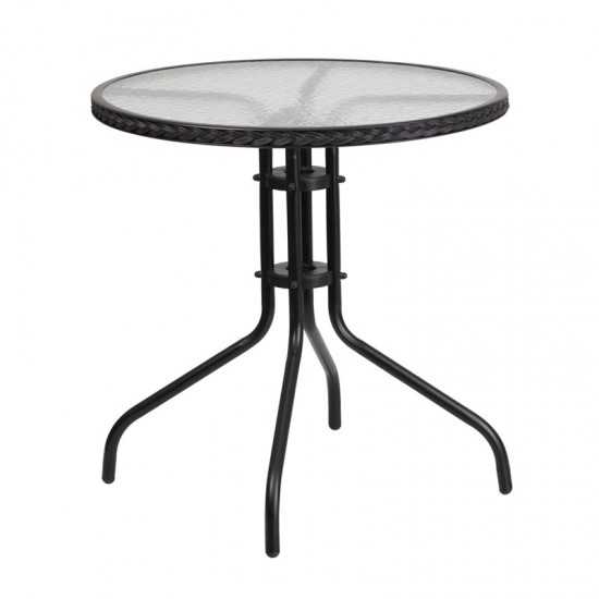 28'' Round Tempered Glass Metal Table with Black Rattan Edging