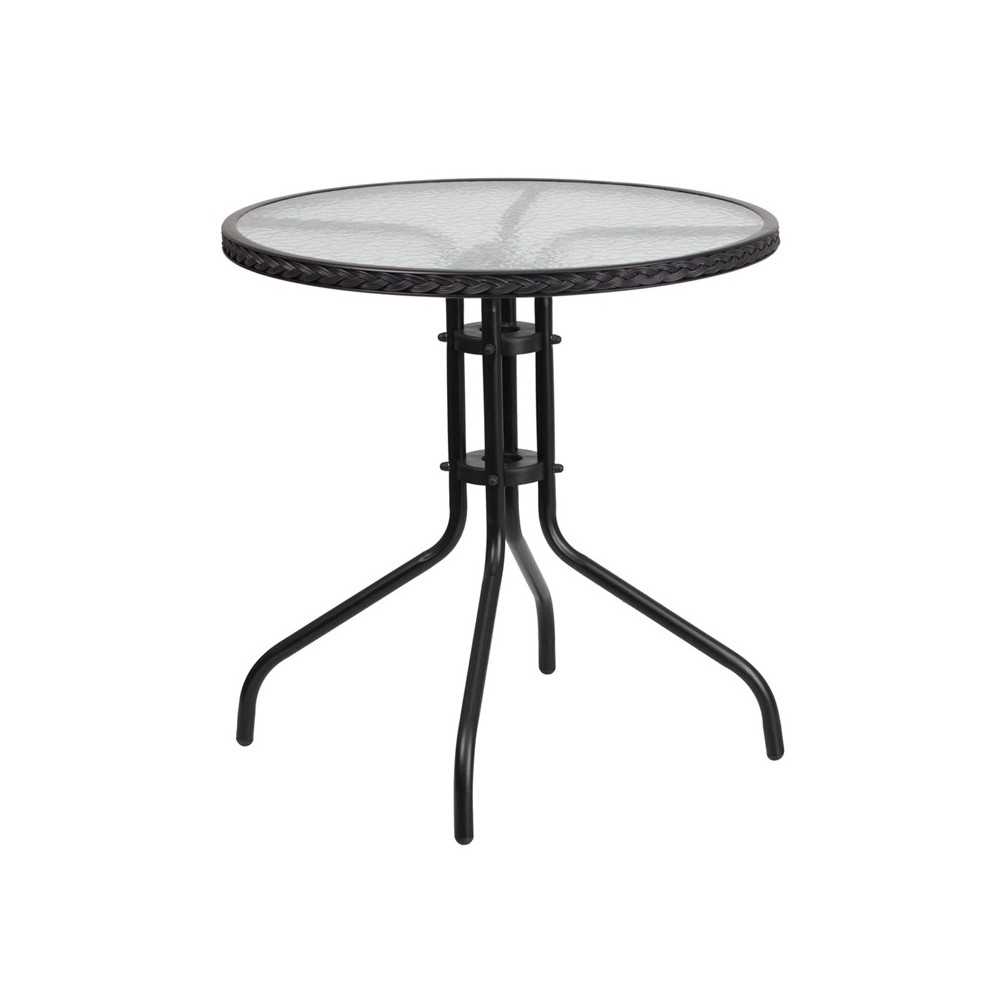 28'' Round Tempered Glass Metal Table with Black Rattan Edging