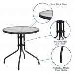 28'' Round Tempered Glass Metal Table with Black Rattan Edging