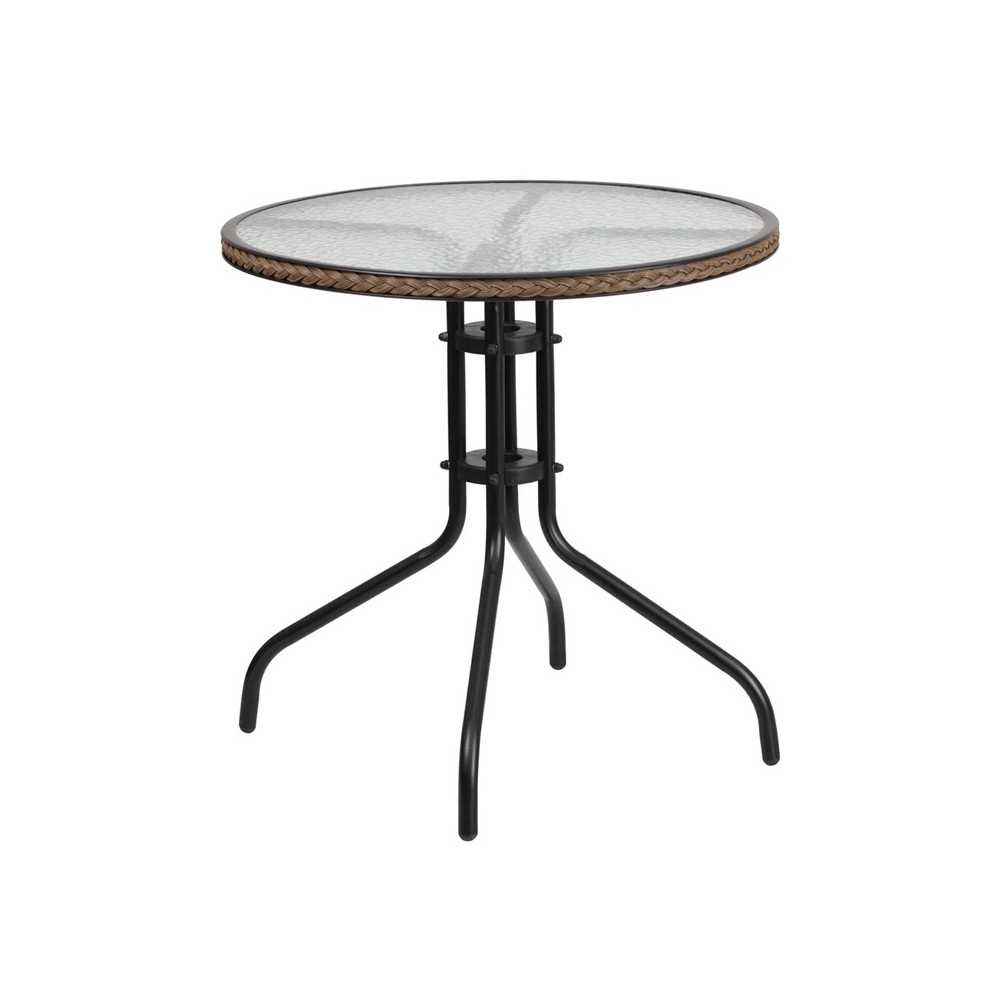 28'' Round Tempered Glass Metal Table with Dark Brown Rattan Edging