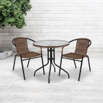 28'' Round Tempered Glass Metal Table with Dark Brown Rattan Edging