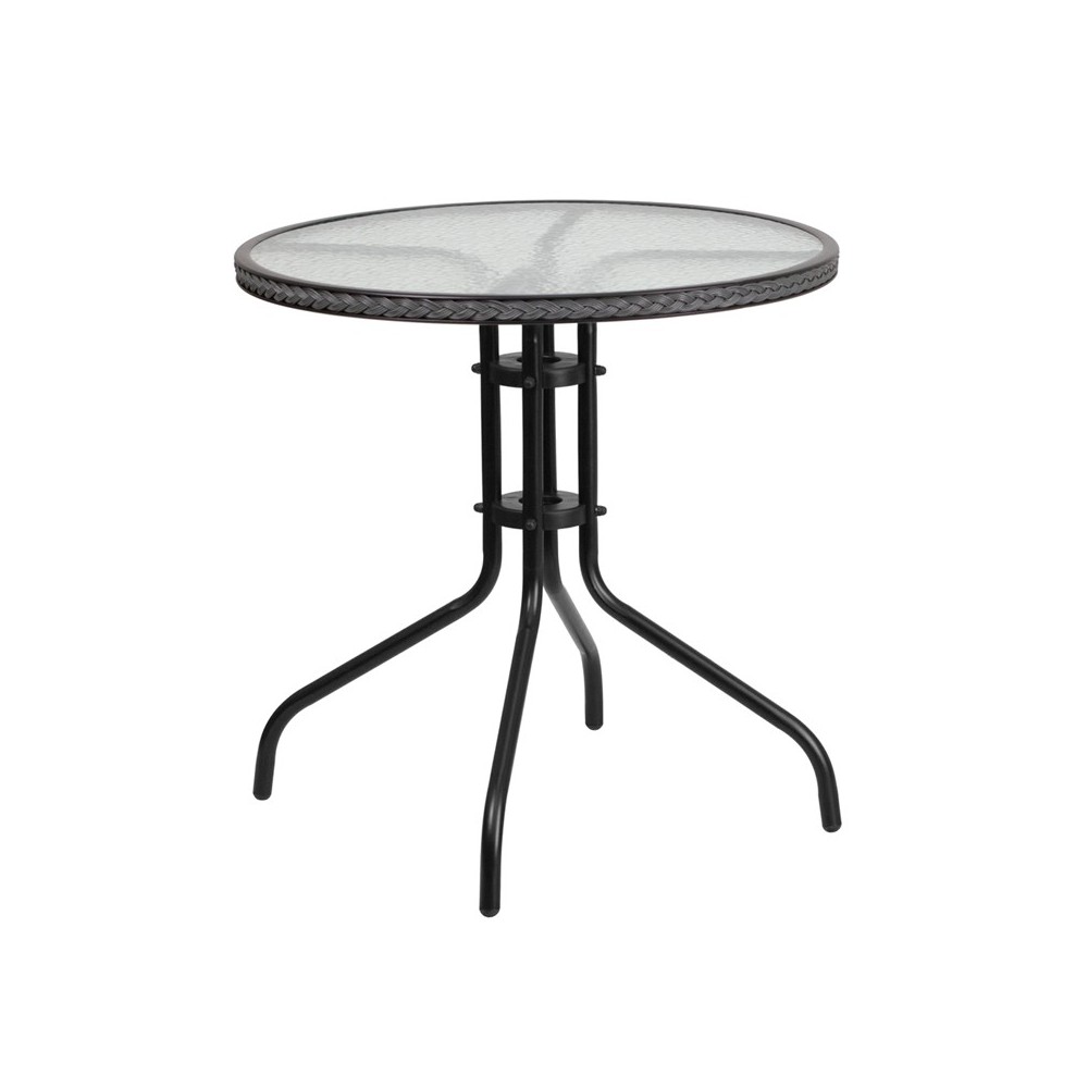 28'' Round Tempered Glass Metal Table with Gray Rattan Edging