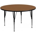 60'' Round Oak Thermal Laminate Activity Table - Height Adjustable Short Legs