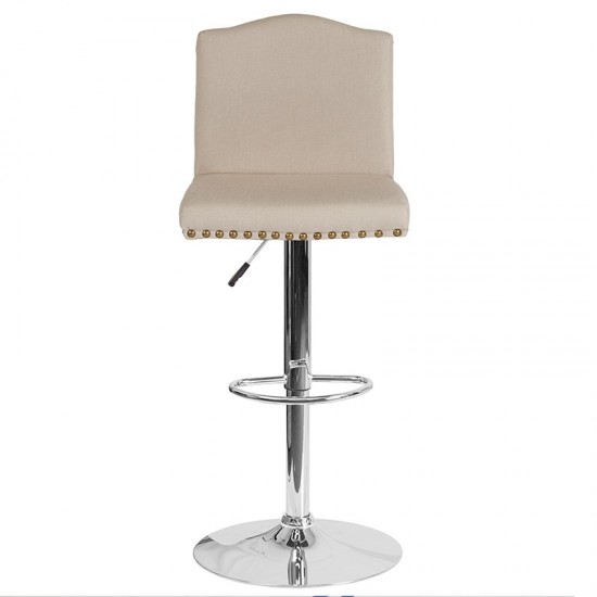 Bellagio Contemporary Adjustable Height Barstool with Accent Nail Trim in Beige Fabric