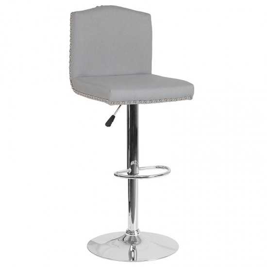 Bellagio Contemporary Adjustable Height Barstool with Accent Nail Trim in Light Gray Fabric