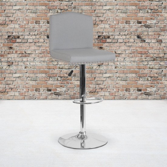 Bellagio Contemporary Adjustable Height Barstool with Accent Nail Trim in Light Gray Fabric