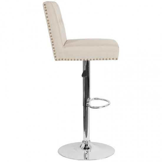 Ravello Contemporary Adjustable Height Barstool with Accent Nail Trim in Beige Fabric