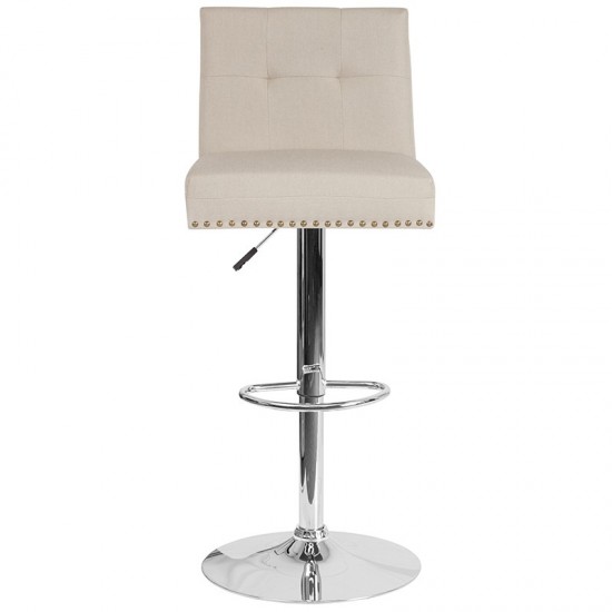 Ravello Contemporary Adjustable Height Barstool with Accent Nail Trim in Beige Fabric