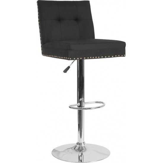 Ravello Contemporary Adjustable Height Barstool with Accent Nail Trim in Black Fabric