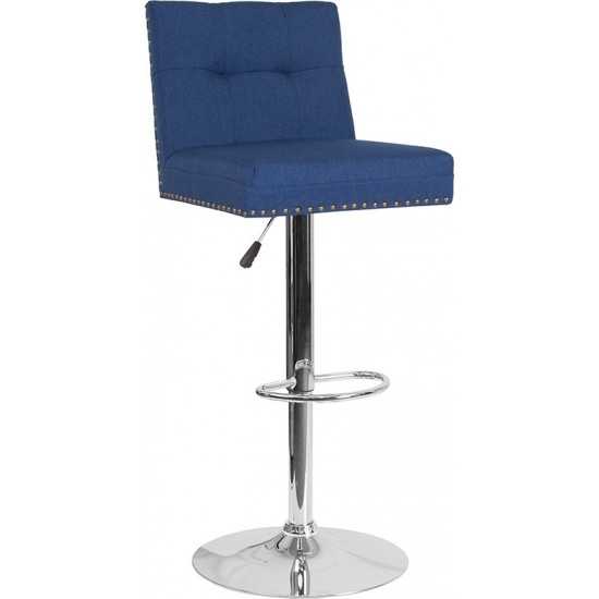 Ravello Contemporary Adjustable Height Barstool with Accent Nail Trim in Blue Fabric