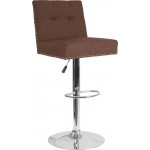 Ravello Contemporary Adjustable Height Barstool with Accent Nail Trim in Brown Fabric