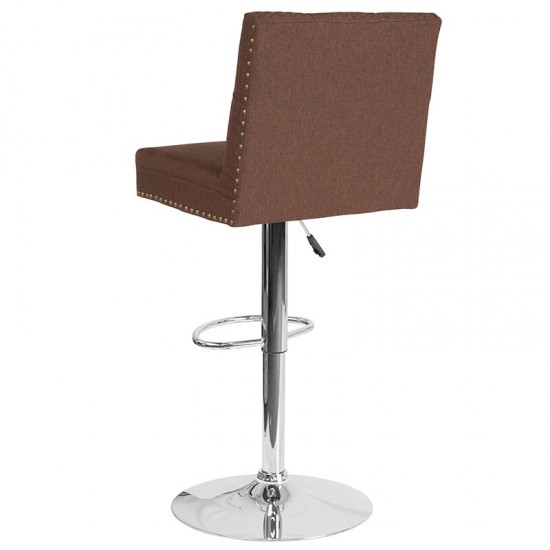 Ravello Contemporary Adjustable Height Barstool with Accent Nail Trim in Brown Fabric