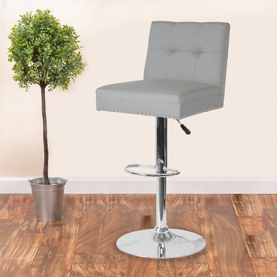 Ravello Contemporary Adjustable Height Barstool with Accent Nail Trim in Light Gray Fabric