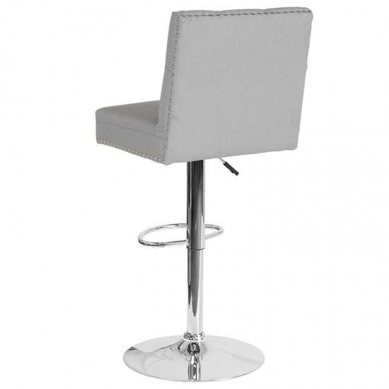 Ravello Contemporary Adjustable Height Barstool with Accent Nail Trim in Light Gray Fabric