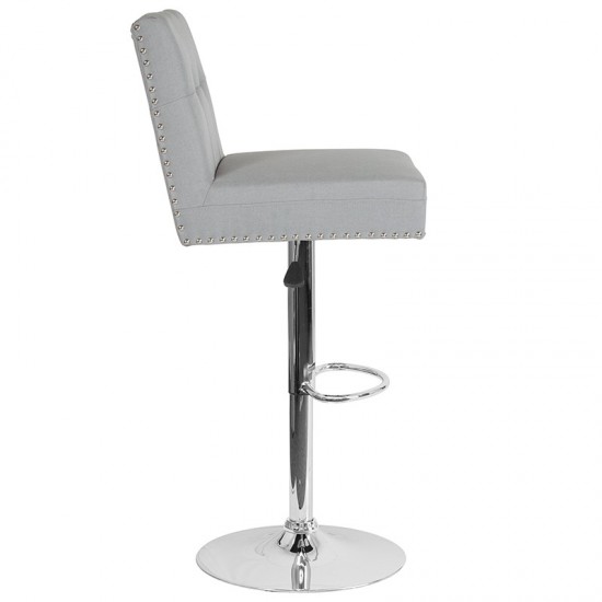 Ravello Contemporary Adjustable Height Barstool with Accent Nail Trim in Light Gray Fabric