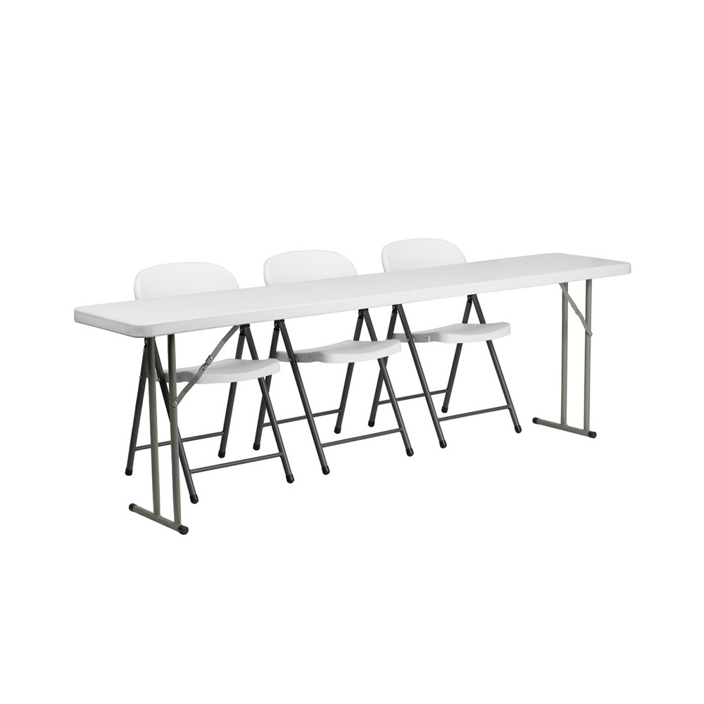 8-Foot Plastic Folding Training Table Set with 3 White Plastic Folding Chairs