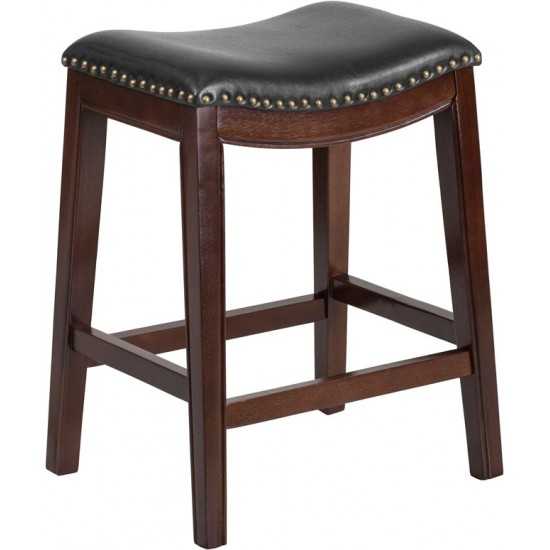 26'' High Backless Cappuccino Wood Counter Height Stool with Black LeatherSoft Saddle Seat