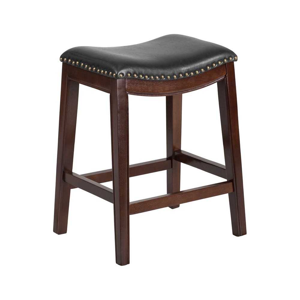 26'' High Backless Cappuccino Wood Counter Height Stool with Black LeatherSoft Saddle Seat 26'' High Backless Cappuccino Wood Counter Height Stool with Black LeatherSoft Saddle Seat