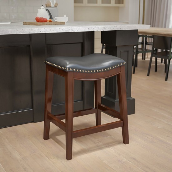 26'' High Backless Cappuccino Wood Counter Height Stool with Black LeatherSoft Saddle Seat