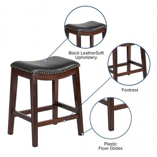 26'' High Backless Cappuccino Wood Counter Height Stool with Black LeatherSoft Saddle Seat