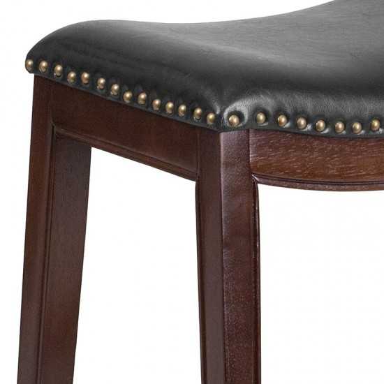 26'' High Backless Cappuccino Wood Counter Height Stool with Black LeatherSoft Saddle Seat