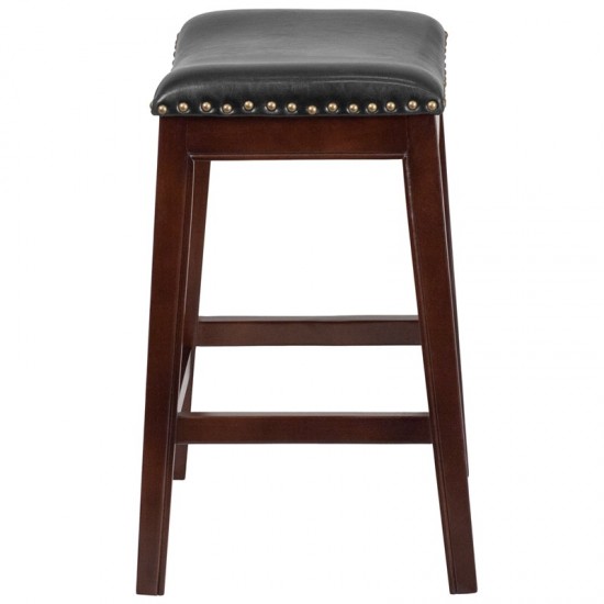 26'' High Backless Cappuccino Wood Counter Height Stool with Black LeatherSoft Saddle Seat