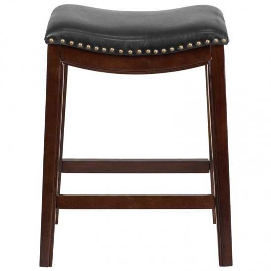 26'' High Backless Cappuccino Wood Counter Height Stool with Black LeatherSoft Saddle Seat
