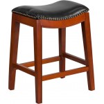 26'' High Backless Light Cherry Wood Counter Height Stool with Black LeatherSoft Saddle Seat