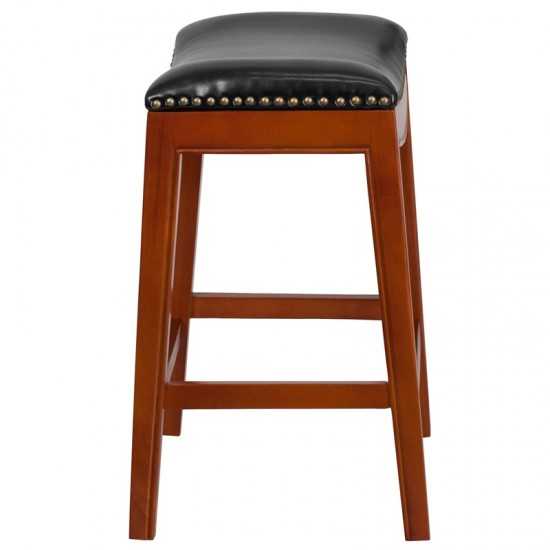 26'' High Backless Light Cherry Wood Counter Height Stool with Black LeatherSoft Saddle Seat