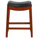 26'' High Backless Light Cherry Wood Counter Height Stool with Black LeatherSoft Saddle Seat