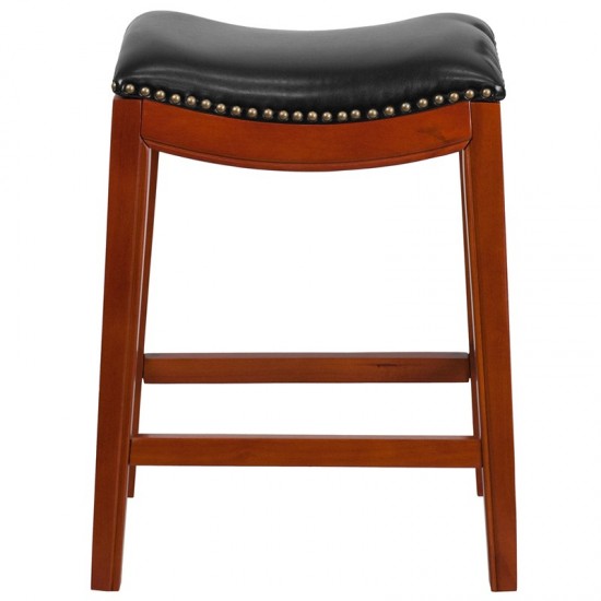 26'' High Backless Light Cherry Wood Counter Height Stool with Black LeatherSoft Saddle Seat