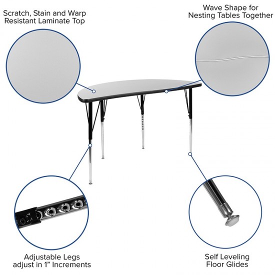 47.5" Half Circle Wave Collaborative Grey Thermal Laminate Activity Table - Standard Height Adjustable Legs