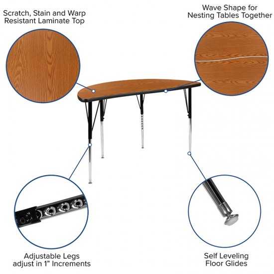 47.5" Half Circle Wave Collaborative Oak Thermal Laminate Activity Table - Standard Height Adjustable Legs