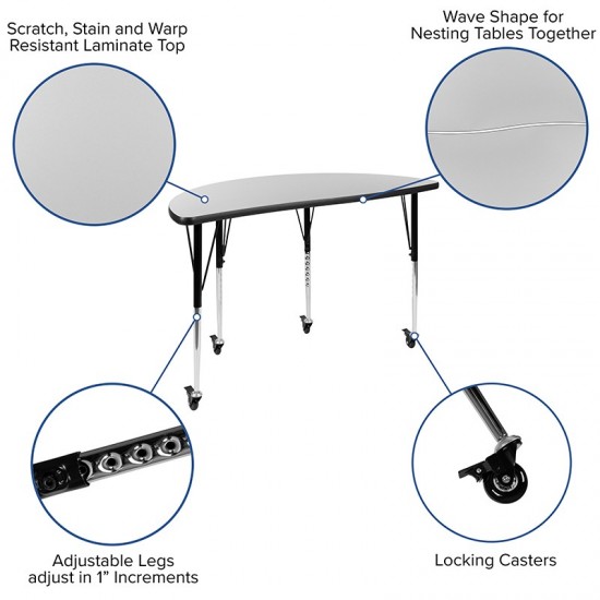 Mobile 47.5" Half Circle Wave Collaborative Grey Thermal Laminate Activity Table - Standard Height Adjustable Legs