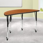 Mobile 47.5" Half Circle Wave Collaborative Oak Thermal Laminate Activity Table - Standard Height Adjustable Legs