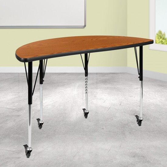 Mobile 47.5" Half Circle Wave Collaborative Oak Thermal Laminate Activity Table - Standard Height Adjustable Legs