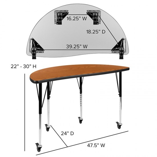 Mobile 47.5" Half Circle Wave Collaborative Oak Thermal Laminate Activity Table - Standard Height Adjustable Legs