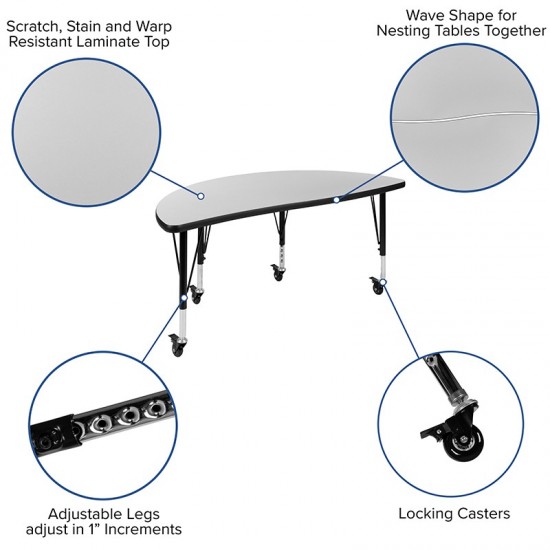 Mobile 47.5" Half Circle Wave Collaborative Grey Thermal Laminate Activity Table - Height Adjustable Short Legs