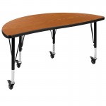 Mobile 47.5" Half Circle Wave Collaborative Oak Thermal Laminate Activity Table - Height Adjustable Short Legs